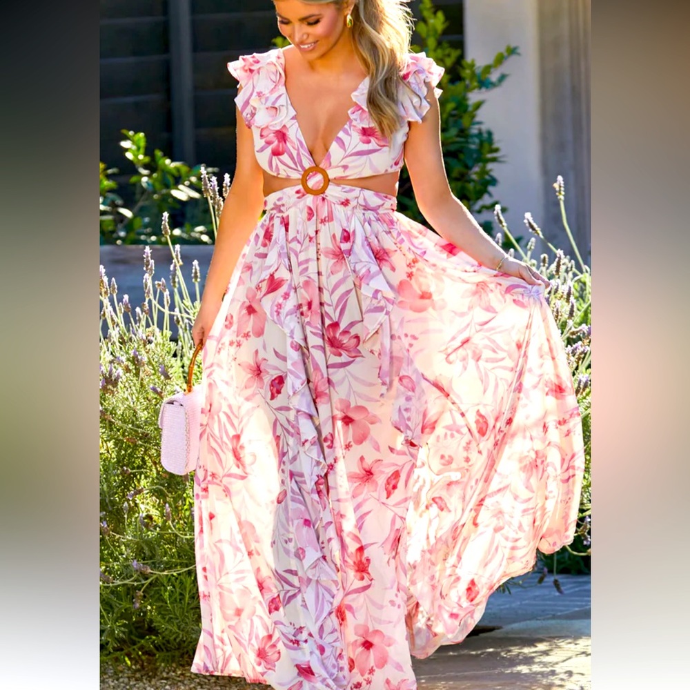 Floral Pink Maxi Dress with cutouts size XL